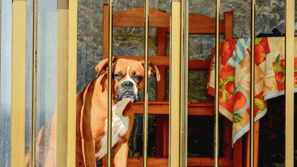 a dog sitting behind bars in a window