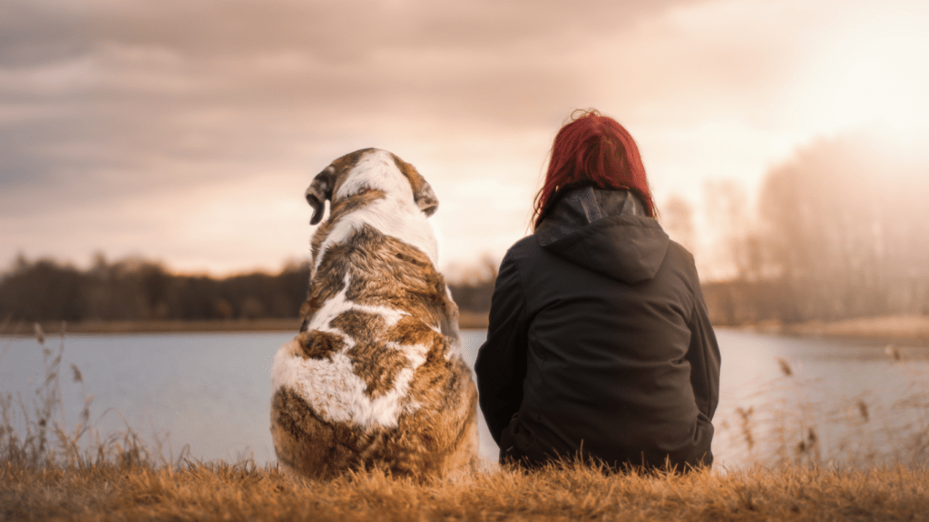 woman and her dog during sunset